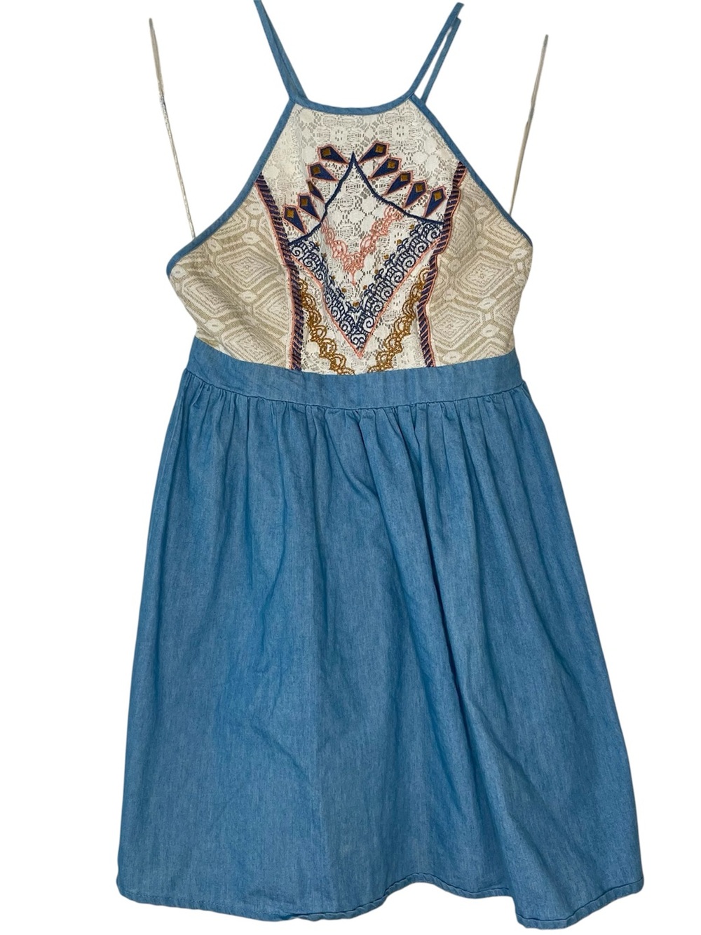 Flying Tomato Dress Mini Halter Embroidered Lace Boho Blue Chambray Cream Small